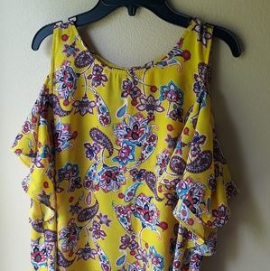 Yellow patterned off the shoulder blouse